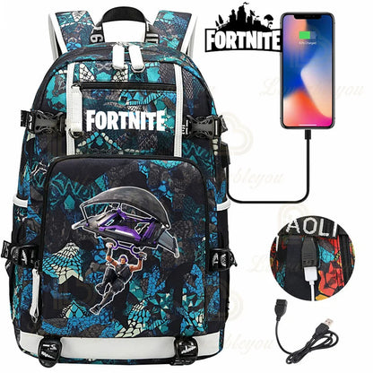 Mochila Red Jade F-Fortnited Battle Royale com carregamento USB, figuras anime e compartimento para material escolar para estudantes