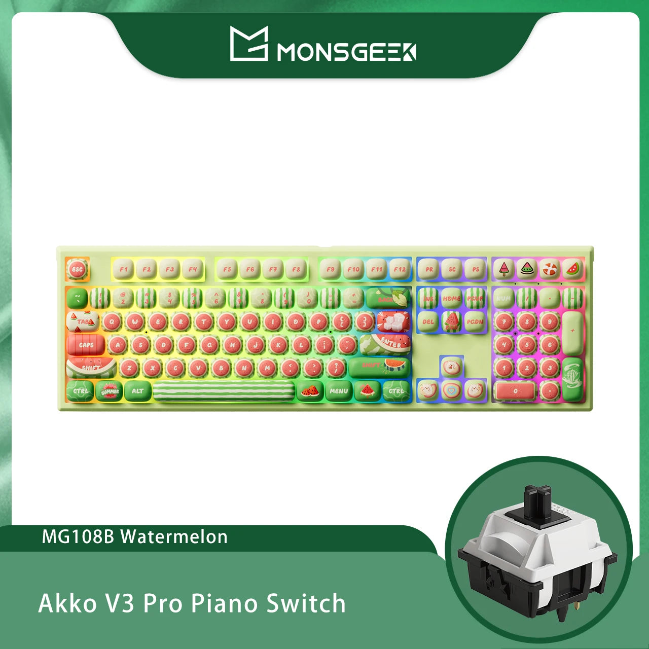 Teclado mecánico inalámbrico Akko MonsGeek MG108B Bun Wonderland, perfil MOG, RGB, 108 teclas, tamaño completo, hot swap, USB / 2.4G / BT 5.0