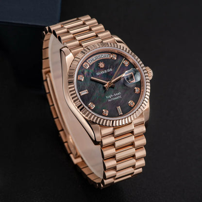 Sugess 36mm Mens of Watch Automatic Dandong Peacock SL3034 Day Movement Sapphire Glass 100m Waterproof Wristwatches MOP Date New