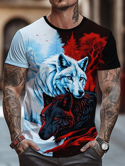 T-shirt de homem com estampado de lobo e olhos diferentes — T-shirt casual diária masculina, moda urbana streetwear, manga curta, verão, desporto ao ar livre