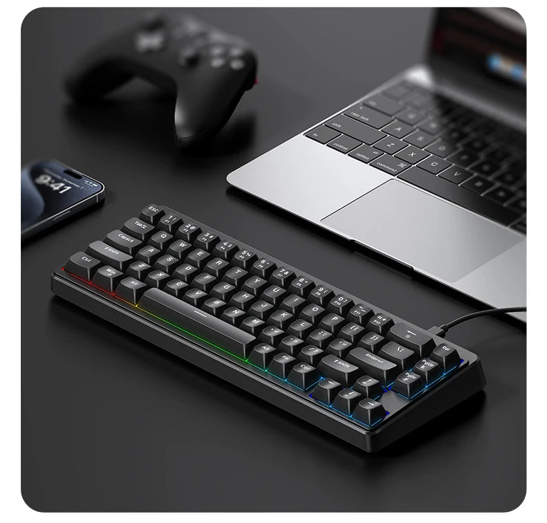 FREEWOLF M68SE Teclado mini con cable de 68 teclas, retroiluminación RGB, Type-C, diseño 68%, compacto para gaming, oficina, PC y portátil