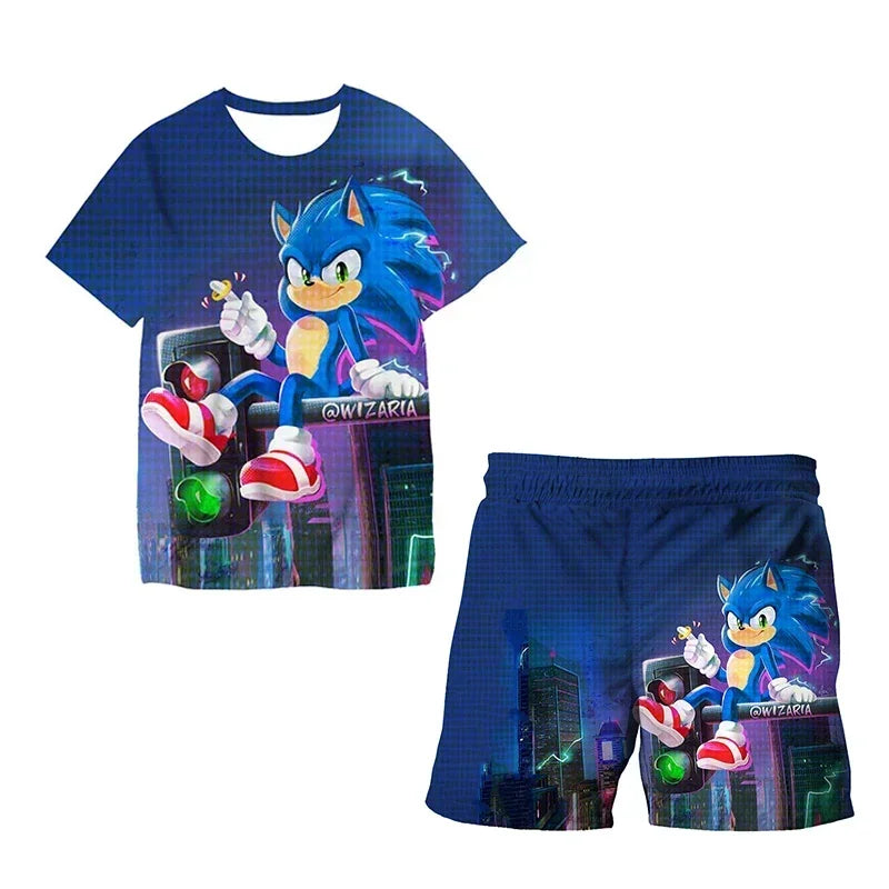 Fashion 3D Anime Children's T-shirt Set Sonic The Hedgehog Top Short Sleeve + Shorts Two-piece Set Girls Boys Cosplay Costume