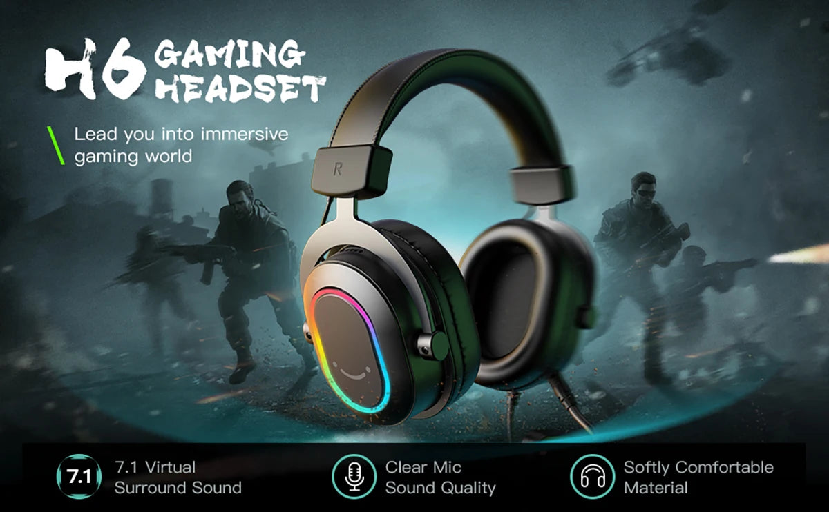 Cuffie gaming RGB dinamiche Fifine con microfono, over-ear, audio surround 7.1, PC PS4 PS5, 3 opzioni EQ Game Movie Music - H6