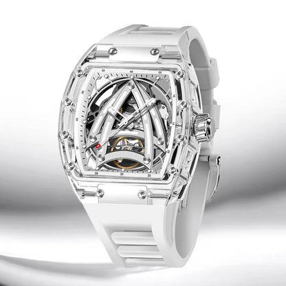 PINDU Designer Hollow Tonneau Mechanical Watch Men Luxury Brand Skeleton Automatic Watches Mens Sport Silicone Wristwatch JH3105