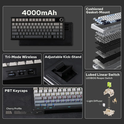 Teclado mecánico inalámbrico EPOMAKER X AULA F75 MAX compacto 75% con distribución ANSI, conexión por cable/Bluetooth/2.4GHz, pantalla TFT y perilla