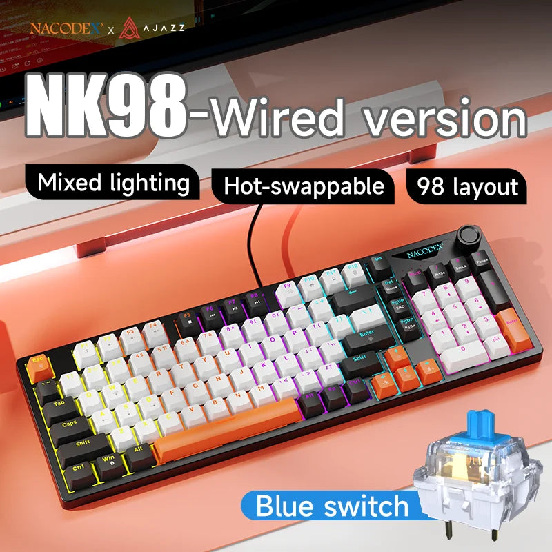 AJAZZ NK98 Wired Mechanical Keyboard: Full-Key Hot-Swap, 98-Key Layout for Precise Performance; Wired, Stable Control, Multi-System Compatibility; Windows Vista/XP/7/8/10/17, Mac: Wired connection for stable control and low latency