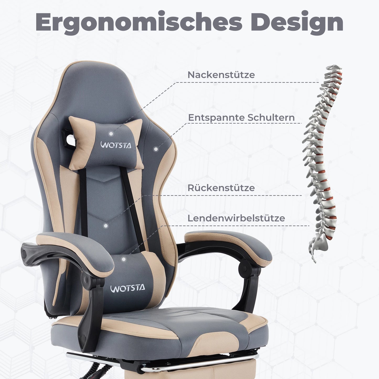 WOTSTA Gaming Chair Ergonomic Gamer Chair with Footrest, Adjustable Lumbar Support, Headrest, Reclining Computer Chair for Office & Gaming
