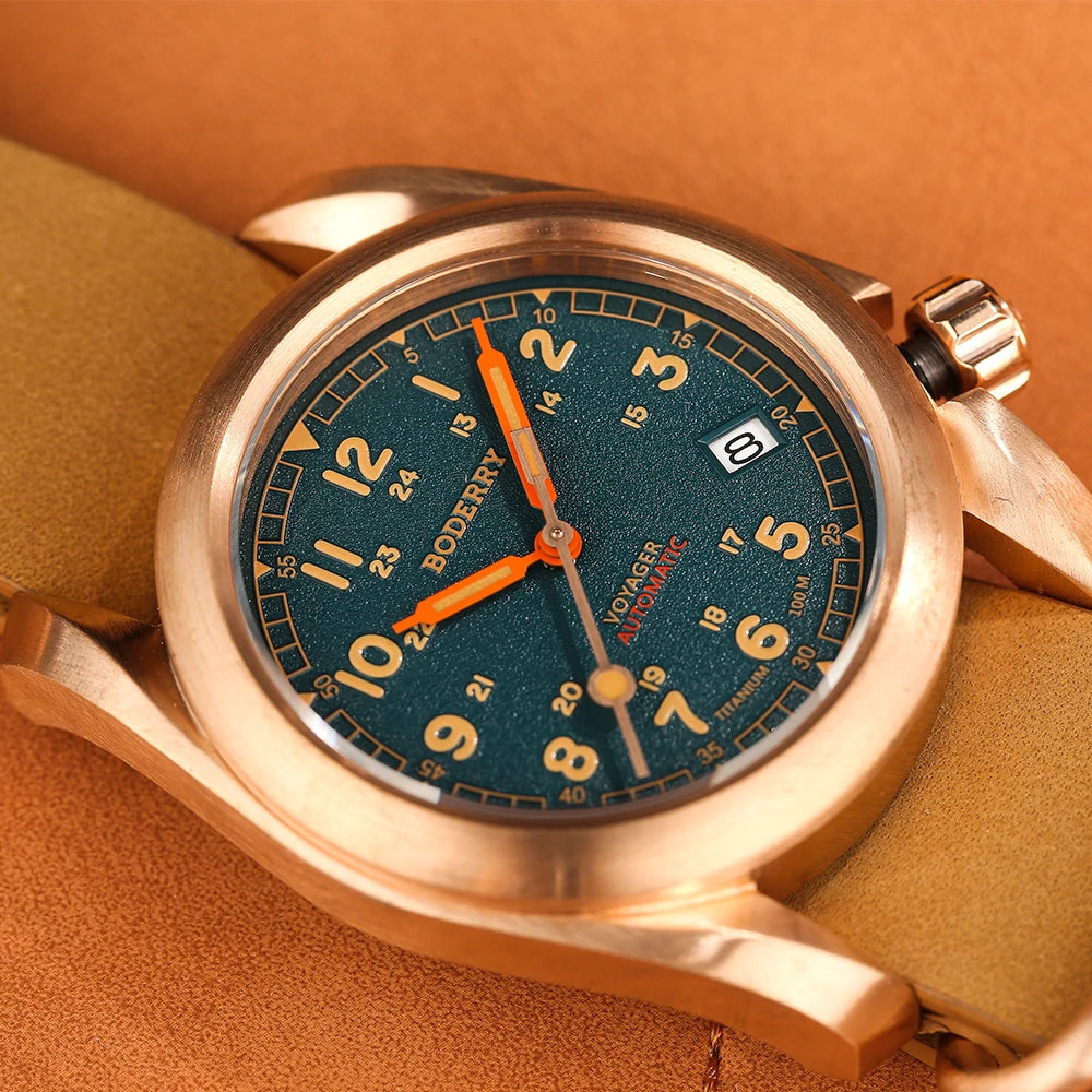 Relógio masculino Boderry Field Watches VOYAGER, caixa em bronze, mecânico automático, 100M impermeável, estilo militar, marca de topo