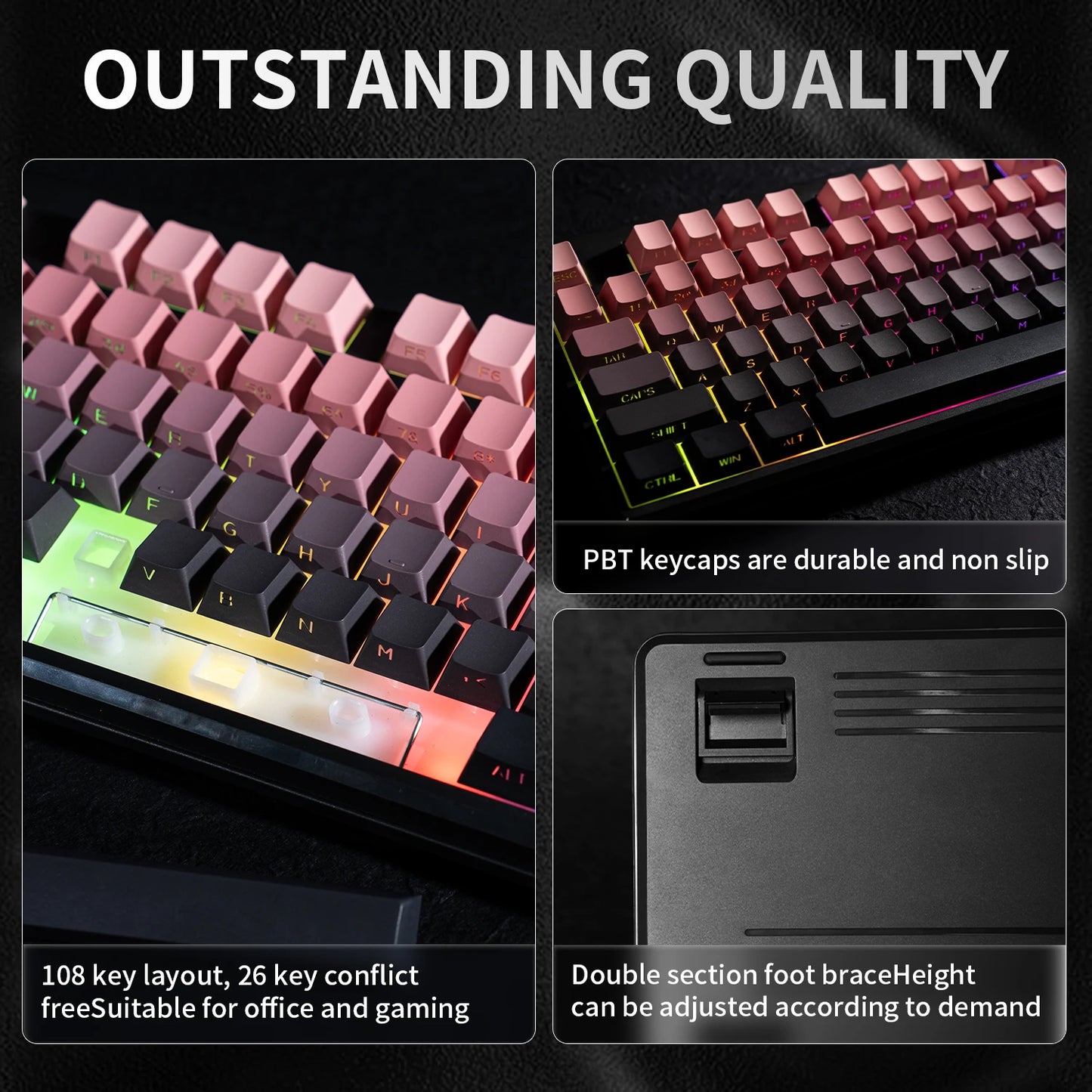 Tastiera Bluetooth V108 Pro Office a bassa rumorosità 2.4G cablata e wireless, layout completo con membrana retroilluminata RGB