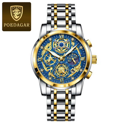 POEDAGAR Top Fashion Men's Watches Stainless Steel Date Chronograph Business Quartz Men Wristwatch Waterproof Luminous Man Watch