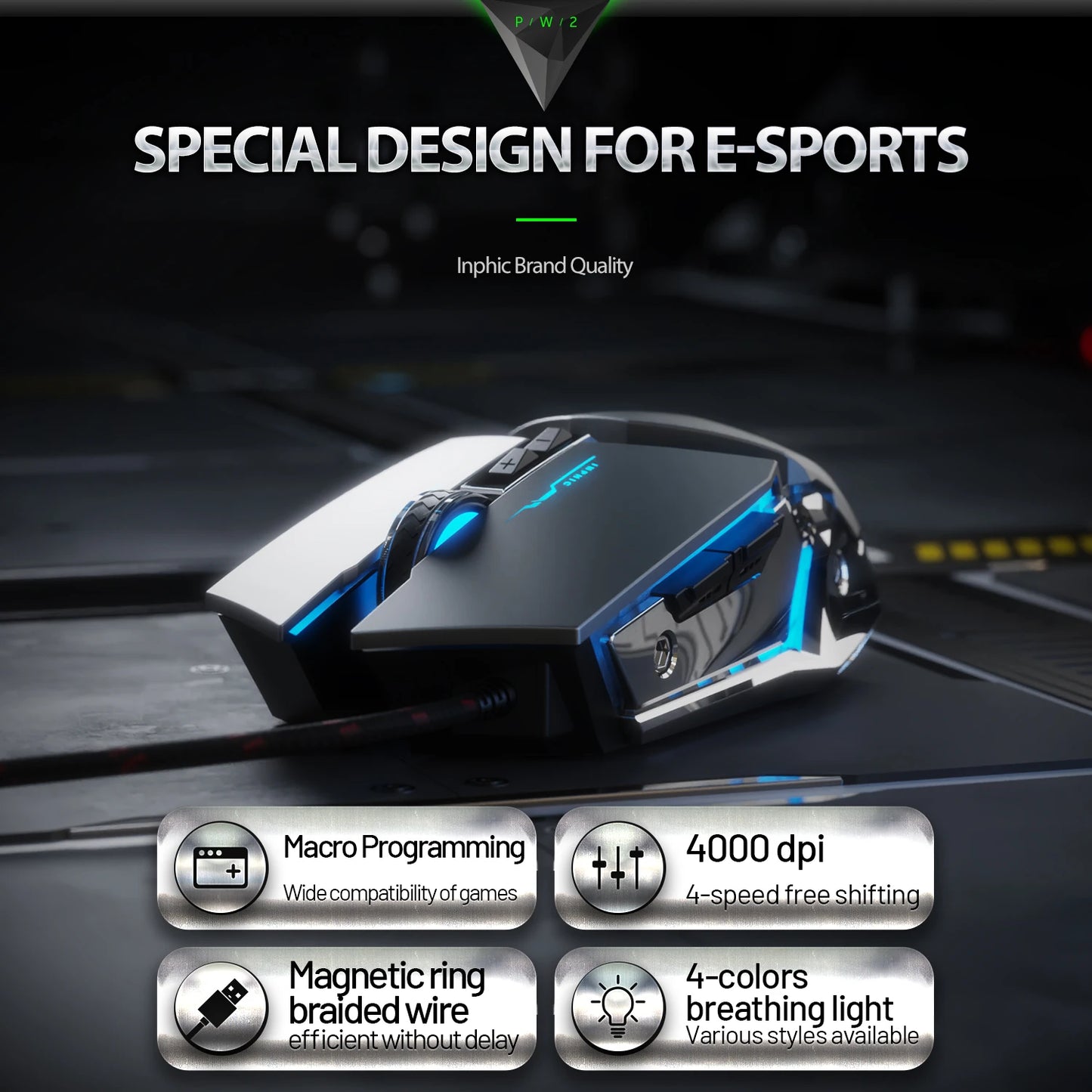 INPHIC W2 Gaming Mouse Silent Click USB Optical Wired Mouse 4800DPI Ergonomic Mice 6 Programmable Buttons RGB Breathing LED PC