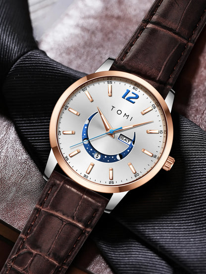 Reloj de cuarzo TOMI, de estilo elegante y profesional, con correa de piel, caja de aleación y esfera con agujas: diseño de alta gama, ideal como regalo para hombre.