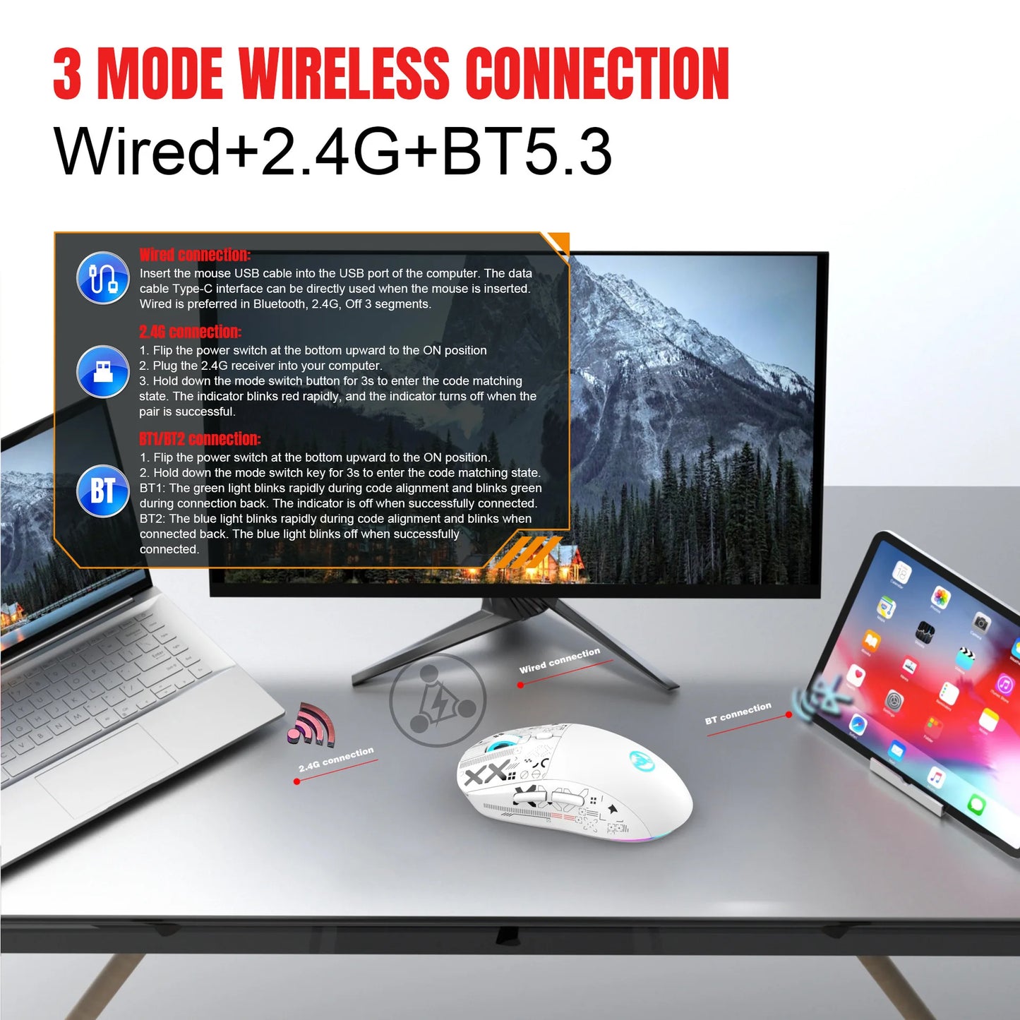 Mouse gaming Bluetooth a 3 modalità, ricaricabile, 2.4G USB wireless, con retroilluminazione RGB, per iPad, tablet, laptop e computer