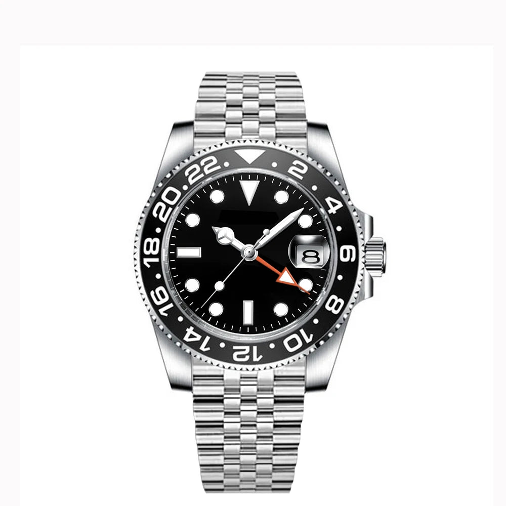 40MM Custom Logo New Men Quart Wristwatch Jubilee Stainless Quartz GMT Watch Sapphire Glass Men Watches Waterproof Luminous