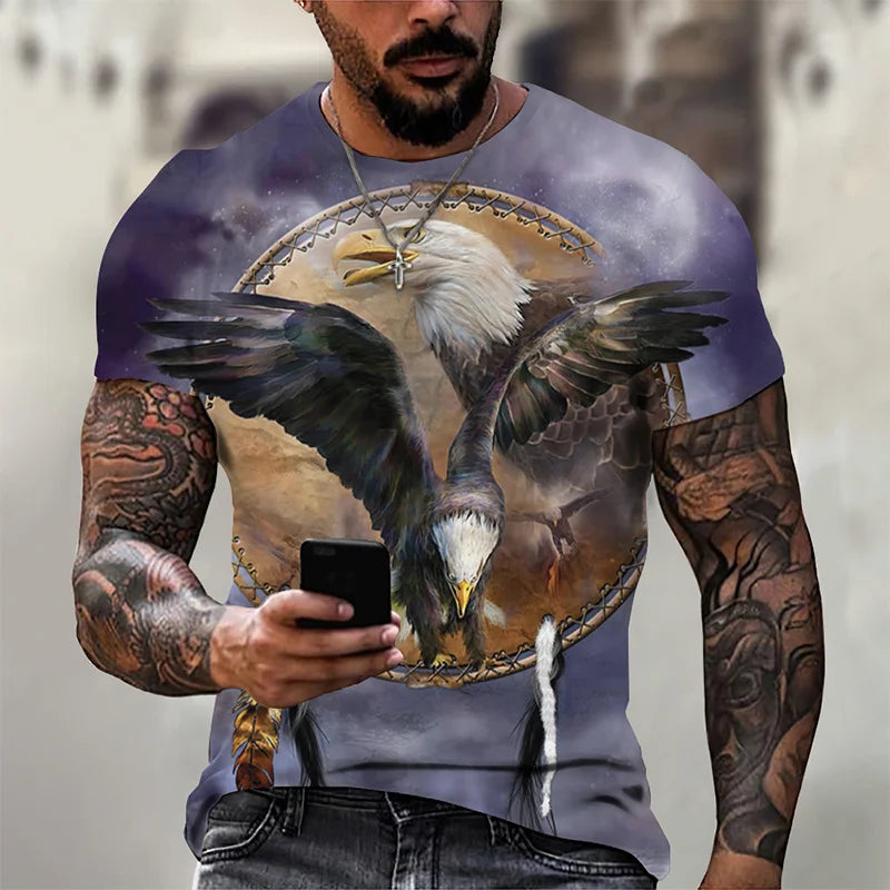 T-shirt para Homem com Águia Divertida Estampada em 3D, T-shirts com Padrão Animal Cool, Verão Harajuku, Corte Largo, Gola Redonda, Manga Curta, T-shirts para Criança