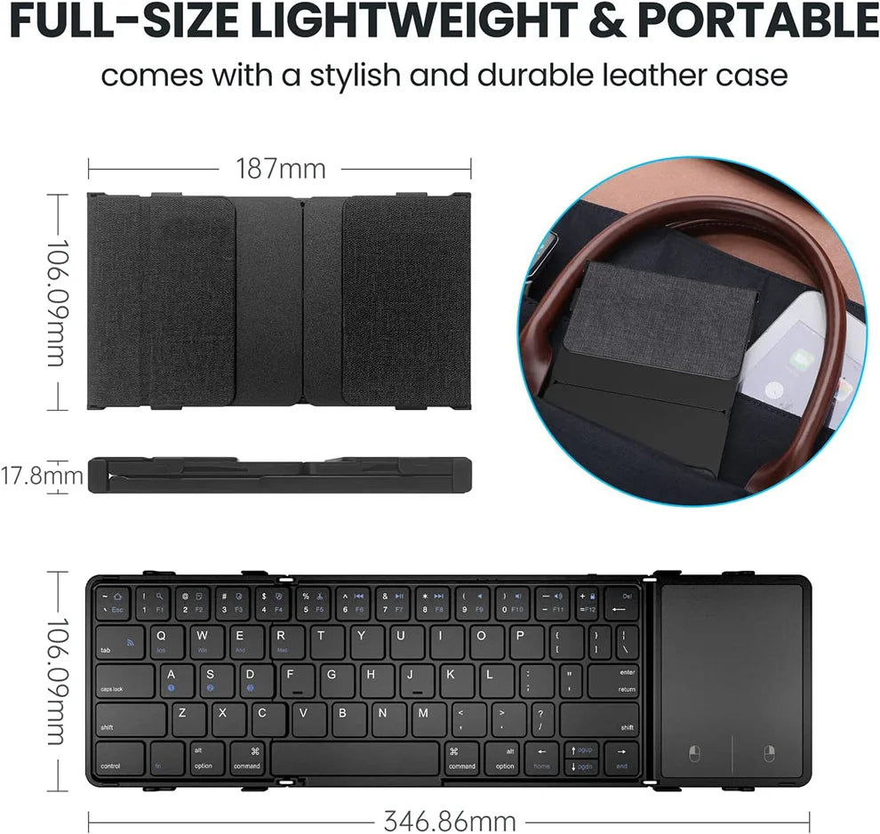 JOMAA Foldable Bluetooth Wireless Keyboard With Touchpad Portable Rechargeable 63 Keys Slim Keyboard for Windows 7/8/10/iOS