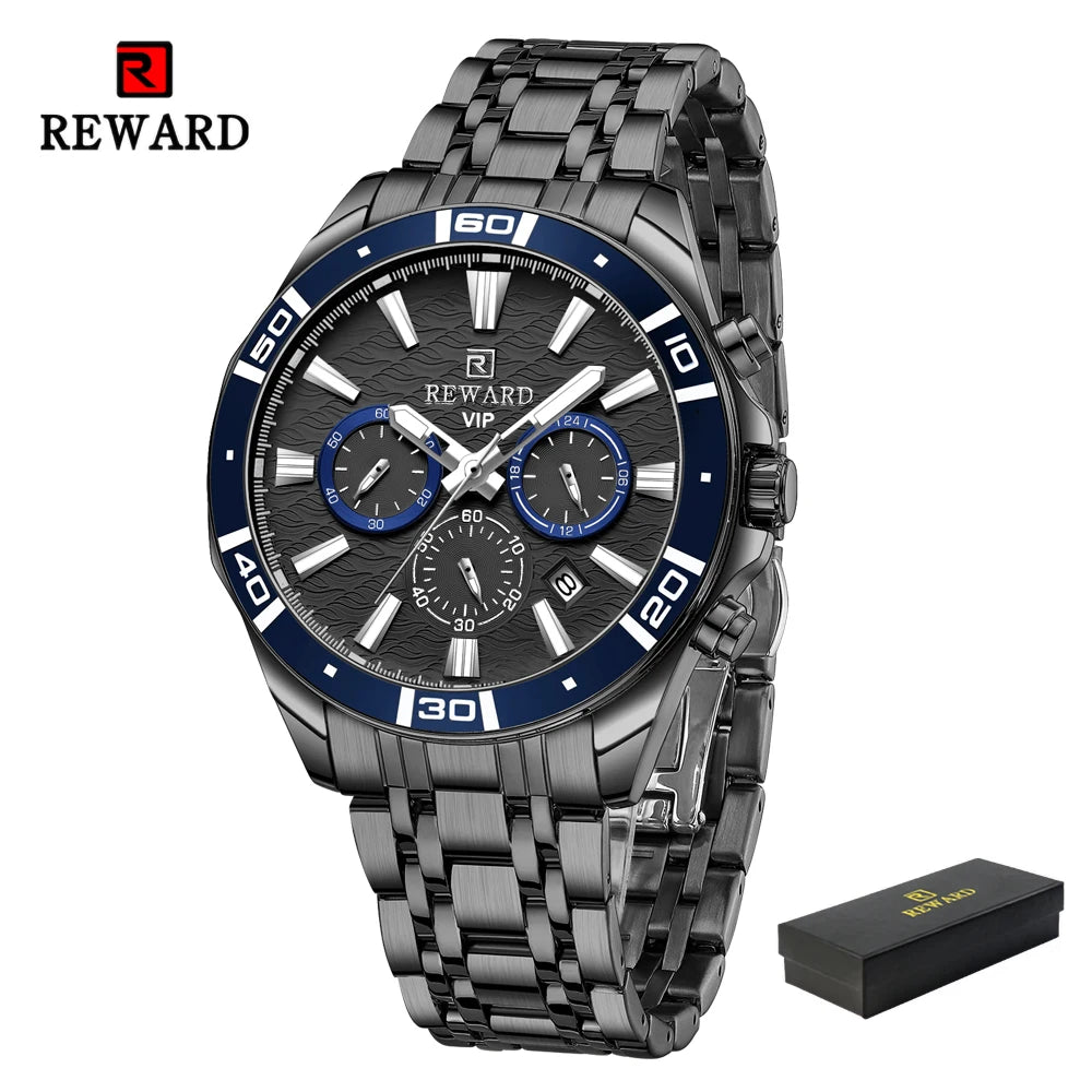 REWARD Mens Watches Waterproof  Luminous Quartz Wristwatch Business Stainless Steel Strap with gift box