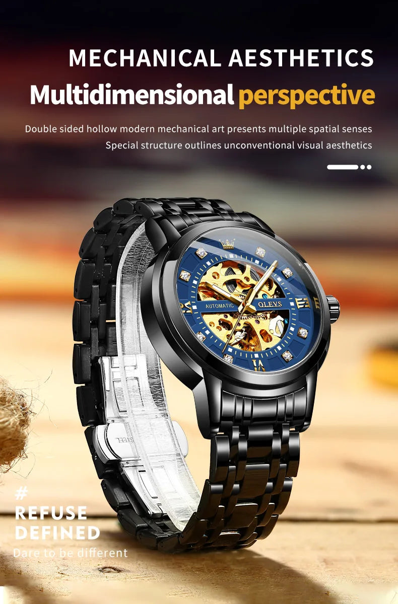 OLEVS 9901 Mens WatchLuxury Hollowing Mechanical Wristwatch Waterproof Luminous Stainless Steel Fashion Automatic Watch For Man