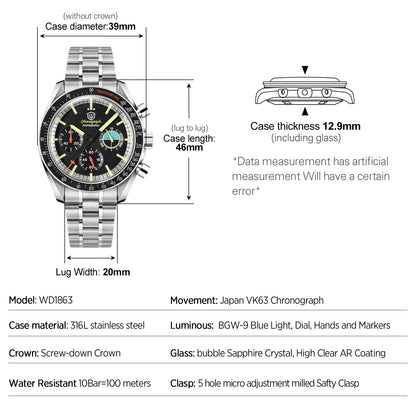 Watchdives WD1863 39mm VK63 Chronograph Watch OTF Clasp Sweep Quartz Movement Sapphire Luminous 100m Waterproof Watches