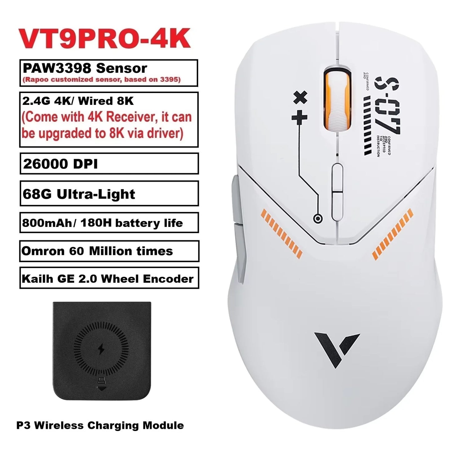 Mouse da gaming wireless Rapoo VT9PRO PAW3398 68g cablato programmabile ergonomico 26000DPI Type C ricaricabile accessorio per PC gamer