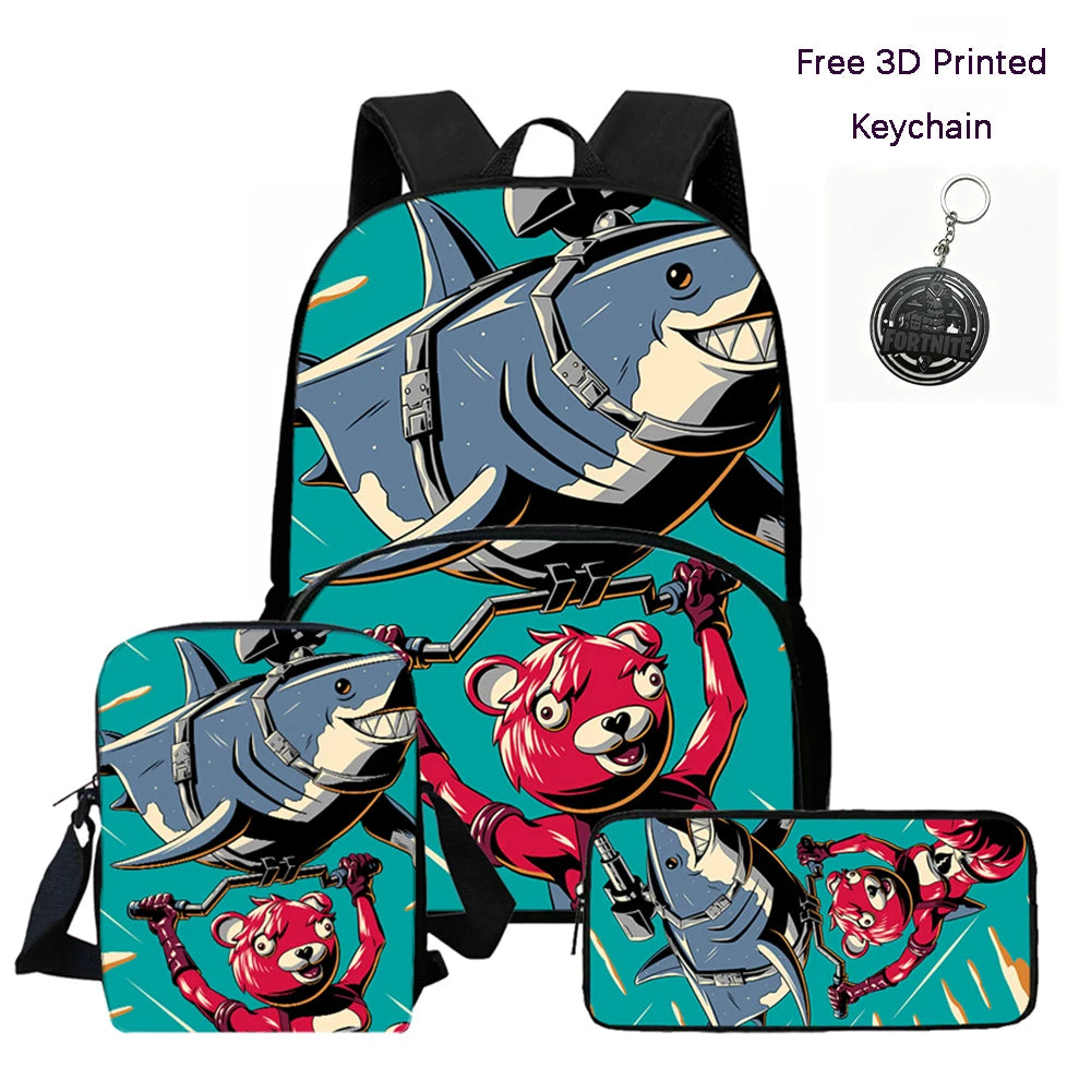 FORTNITE 3Pcs Lightweight Backpack With Front Pocket,Crossbody Bag&Pencil Case For Age 6-10 Boys Girls,Free 3D Printed Keychain