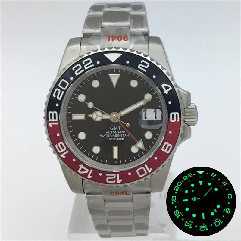 BLIGER 40mm NH34 GMT Watch For Men Mechanical Wristwatch Luminous Bezel Sapphire Glass Stainless Steel Bracelet Men's Watch