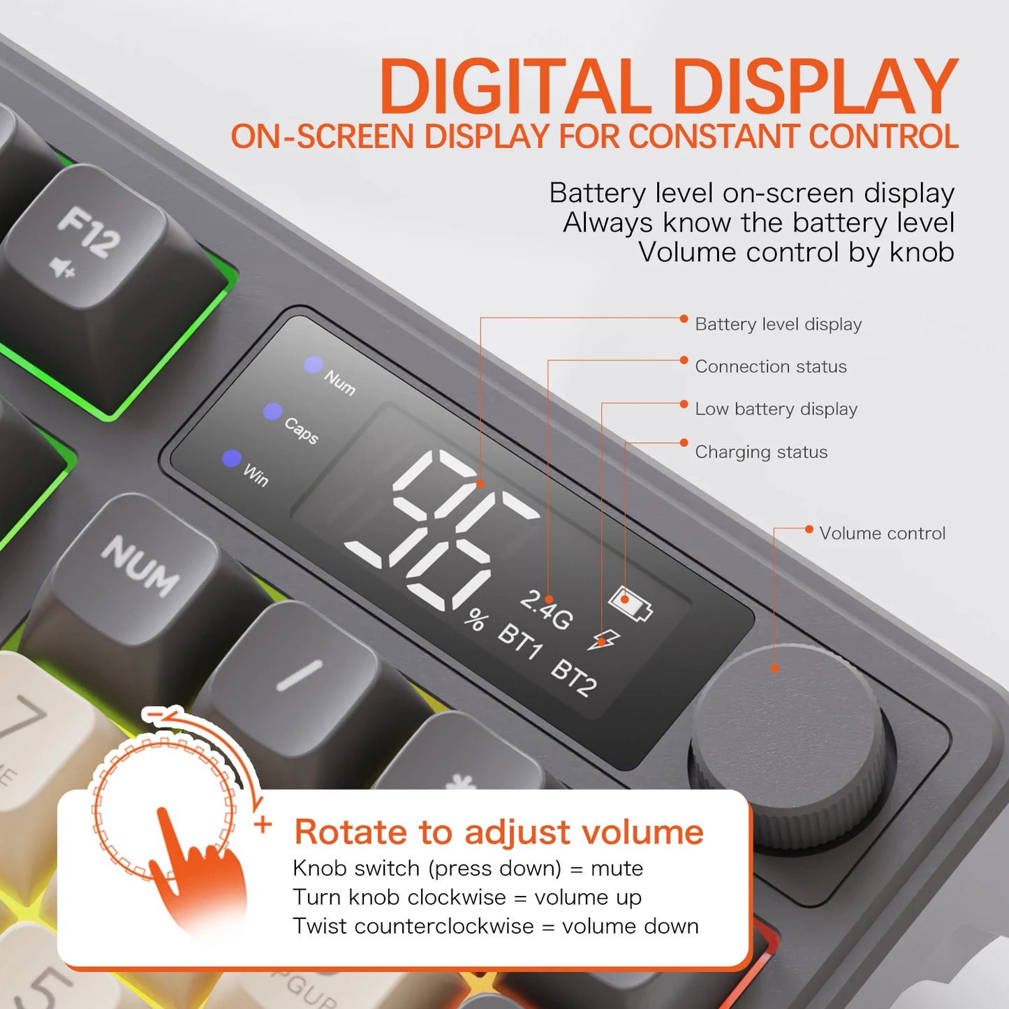 Teclado Sem Fios Bluetooth M96 FREEWOLF com Ecrã Digital, Retroiluminação RGB, Bateria de 2000mAh e Teclas PBT para PC/Portátil