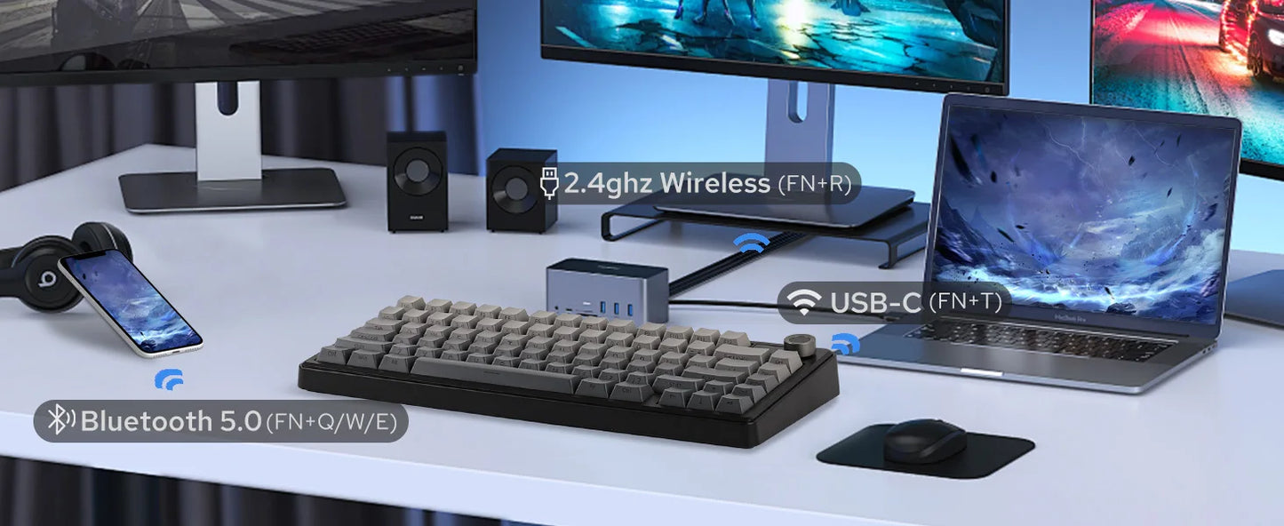 Teclado mecánico inalámbrico EPOMAKER X AULA F75 MAX compacto 75% con distribución ANSI, conexión por cable/Bluetooth/2.4GHz, pantalla TFT y perilla