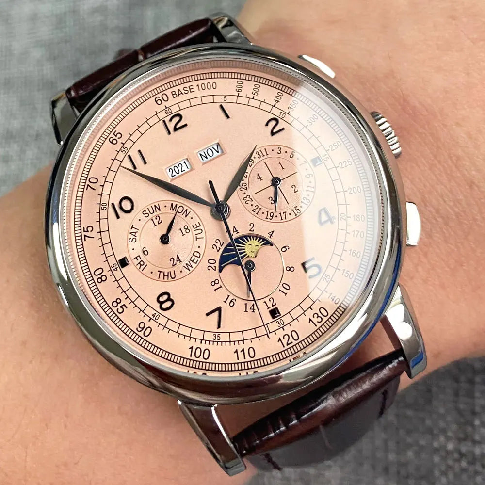 Reloj automático para hombre con multifunción de fecha, día, mes y año, reloj mecánico masculino 316L, caja pulida, indicador día/noche, 42mm
