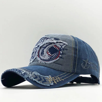 Trendy Shark Pattern Washed Baseball Cap for Men Women, Outdoor Fishing Sun Hat, Unisex Vintage Hip Hop Flat Brim Caps