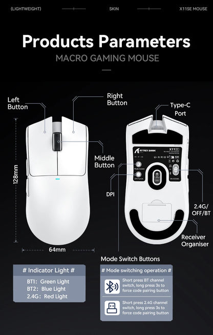 Mouse da gaming wireless ATTACK SHARK X11SE, tri-mode, ultraleggero 63g con sensore PAW3311, 22000 DPI, batteria 300mAh, doppio driver