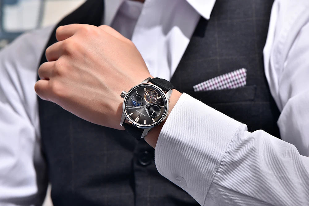 PAGANI DESIGN – Mekanisk lyxklocka för män, 41 mm, safirglas, läderarmband, vattentät, pilotstil, med tourbillon och månfas