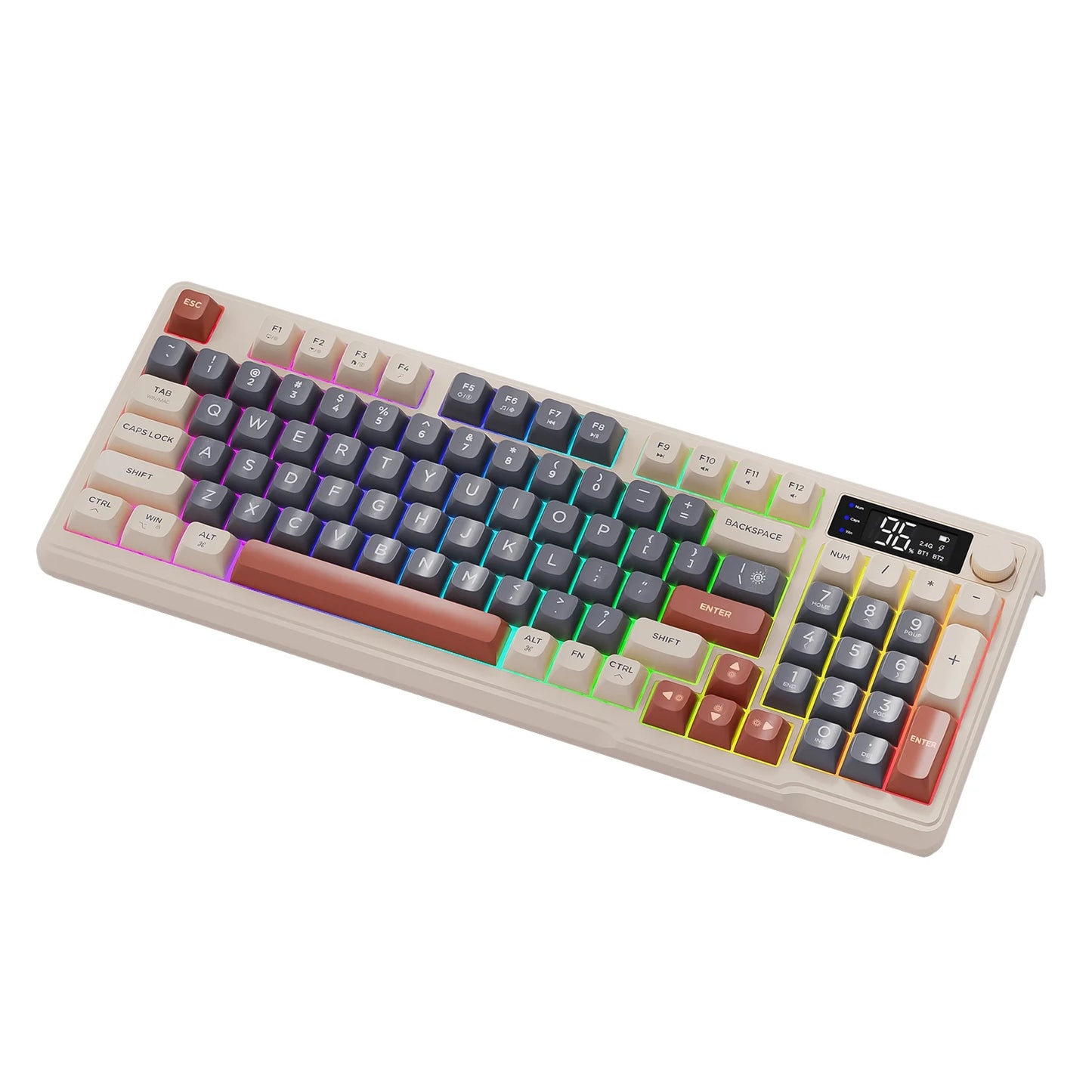 Teclado Sem Fios Bluetooth M96 FREEWOLF com Ecrã Digital, Retroiluminação RGB, Bateria de 2000mAh e Teclas PBT para PC/Portátil