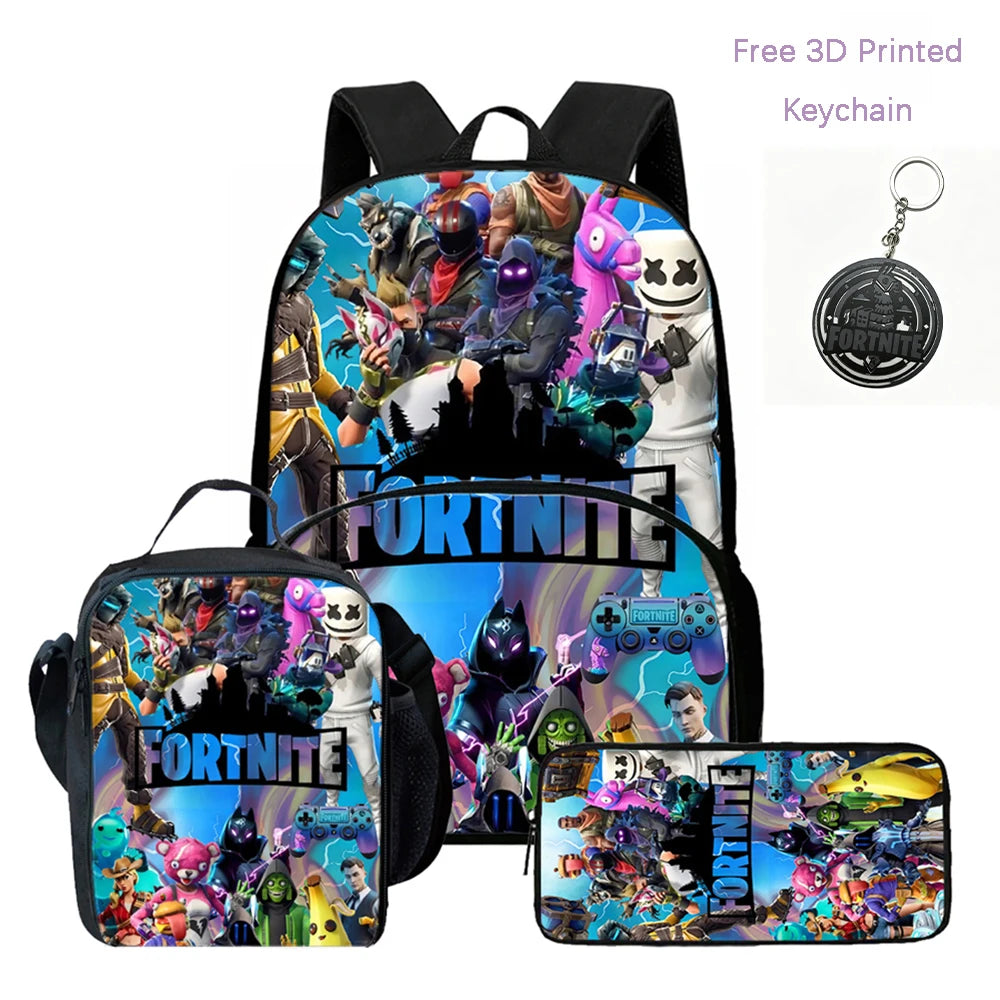 Conjunto FORTNITE leve de 3 peças: mochila com bolso frontal, lancheira e estojo, com porta-chaves 3D impresso grátis, para meninos, meninas e crianças dos 5 aos 10 anos