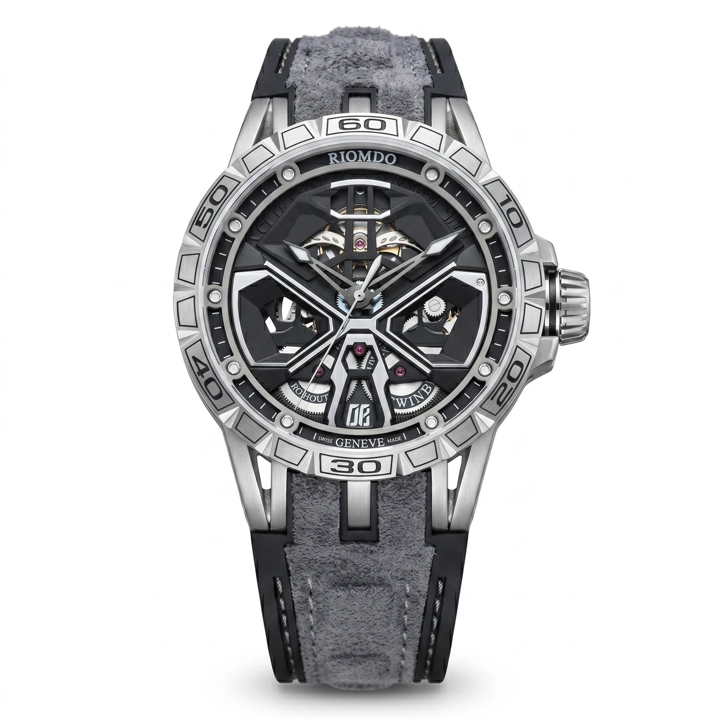 OBLVLO Mens Luxury Machinery Skeleton Mechanical Automatic Watches Analog Big Dial Blue Rubber Band Military Watch RD-909