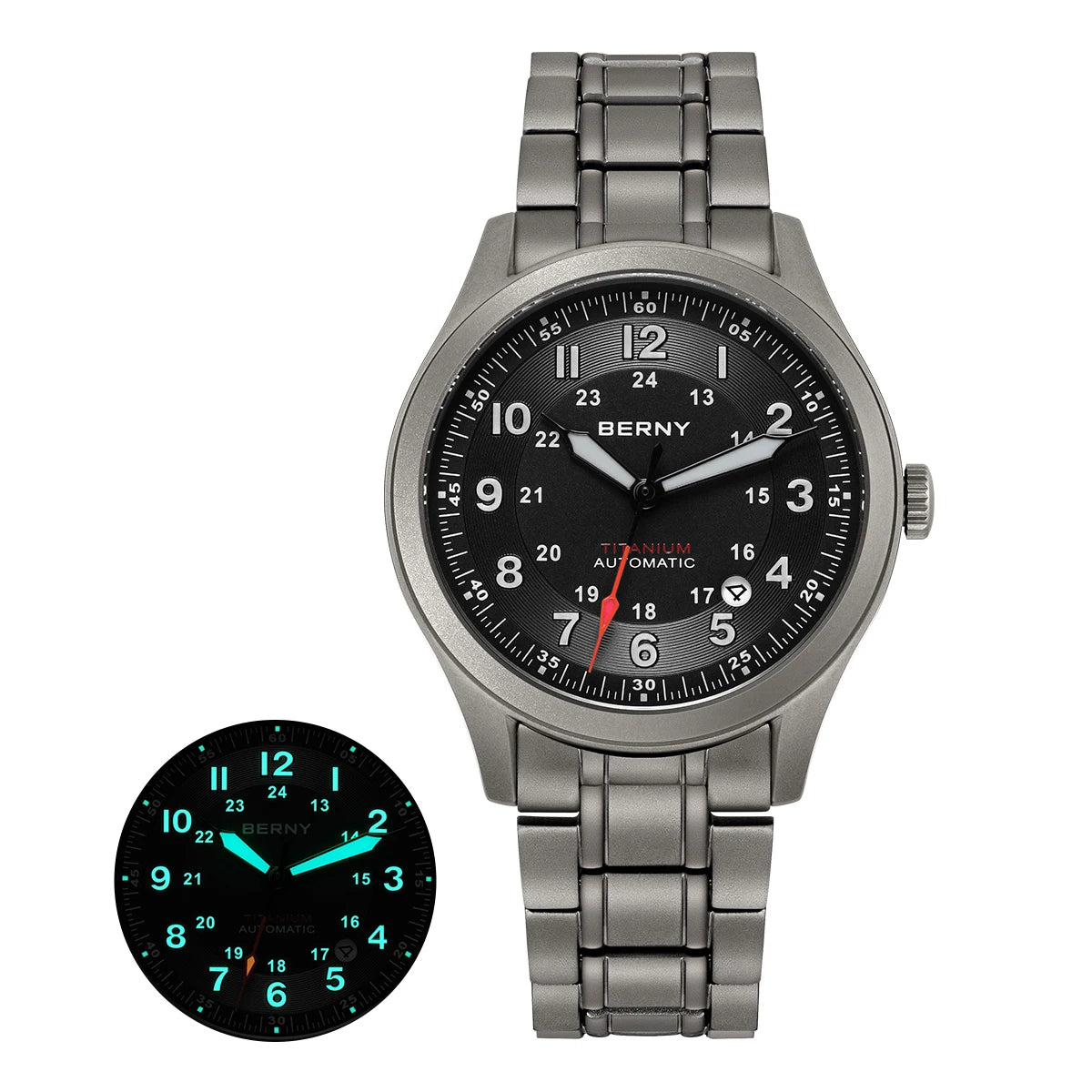 BERNY Automatic Full Titanium Watches for Men Sapphire Super Luminous Mechanical Field Watch Date 10ATM Sports Easy Read