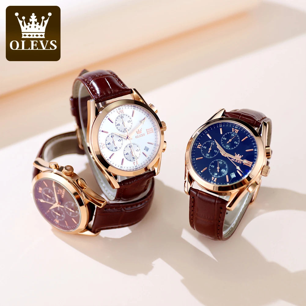 OLEVS 2872 Men’s Chronograph Wristwatch – Leather strap, water-resistant, luminescent hands, quartz movement, luxury sports style