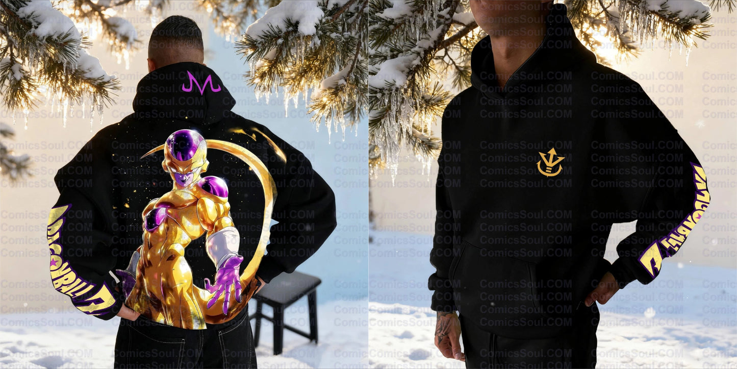 Set felpa con cappuccio nera Dragon Ball Z Frieza Golden Form con stampa posteriore effetto energia viola, in cotone, con logo M
