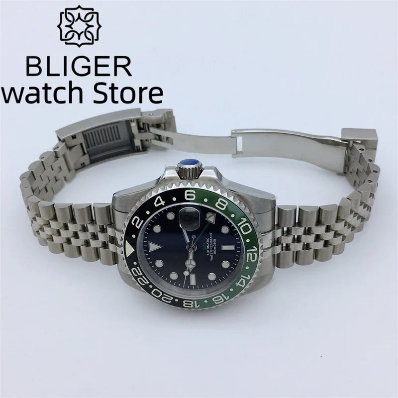 BLIGER 40mm NH34 GMT Watch For Men Mechanical Wristwatch Luminous Bezel Sapphire Glass Stainless Steel Bracelet Men's Watch