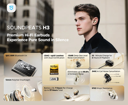 SoundPEATS H3 Wireless Bluetooth Earbuds Hybrid 3 Driver HiFi Earphones with 55dB Adaptive ANC, LDAC aptX Lossless Audio, Hi-Res Wireless Headphones