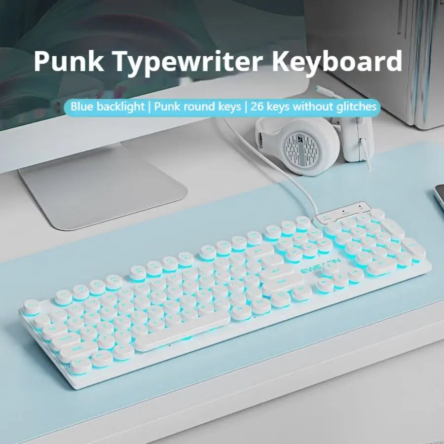 EWEADN GX330 Typewriter Gaming Keyboard, 104 Keys Wired Round Keycaps with Blue Backlit USB Wired Computer External Keyboards