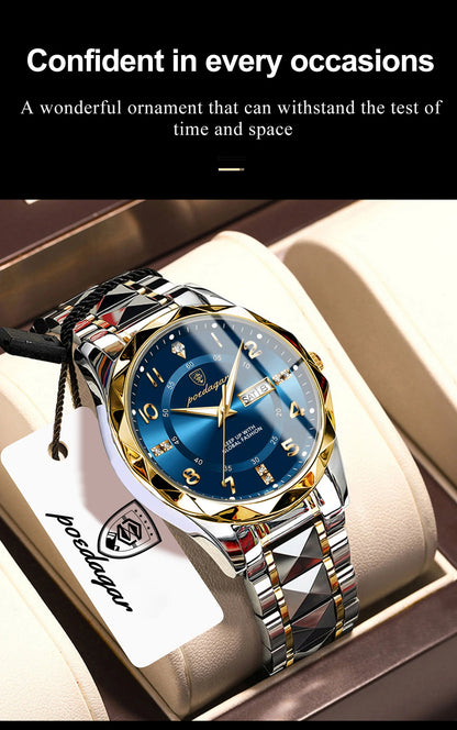 POEDAGAR Top Business Men Quartz Watch Waterproof Date Week Luminous Wristwatch Stainless Steel Fashion Men's Watches Man Clock