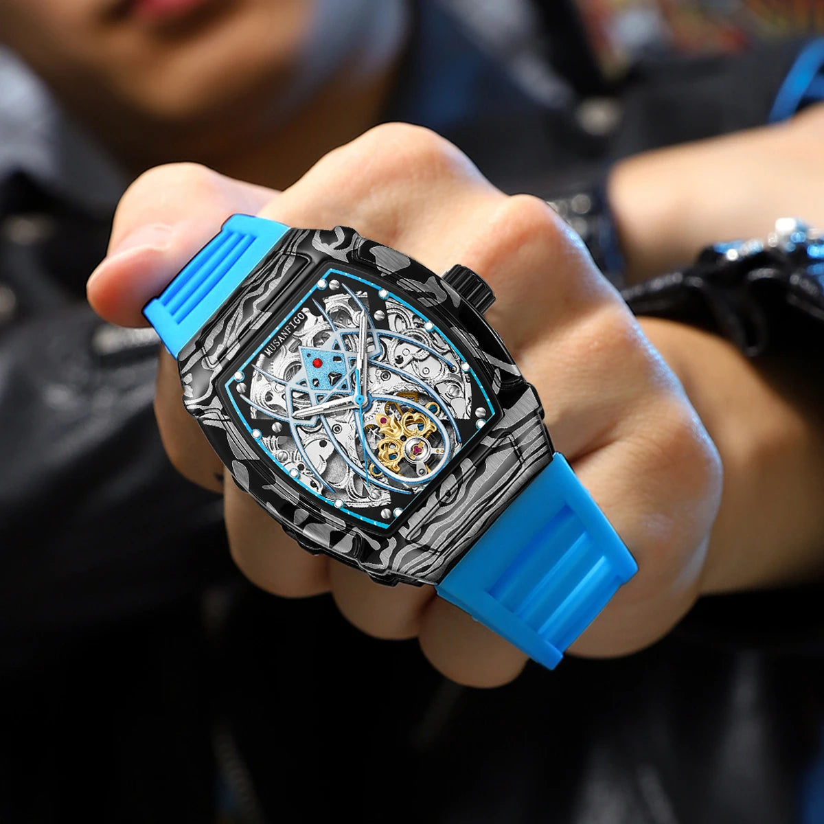 MUSANFIGO automatic hollow mechanical watch, barrel shaped fashionable men's trendy watch, luminous waterproof watch