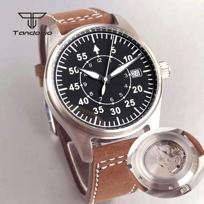 Tandorio 39mm Pilot Men's Diving Automatic Watch AR Sapphire Miyota8215/PT5000 Movt Mechanical Steel Wristwatch 20BAR Green Lume