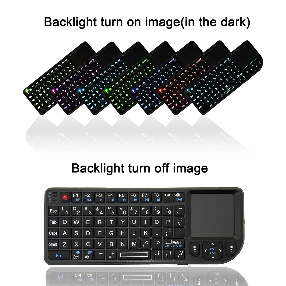 A8 Mini Wireless Keyboard 2.4G 7 Color Backlit 3 in 1 Handheld Keyboard with Touchpad Air Mouse for Android TV Box PC Tablet