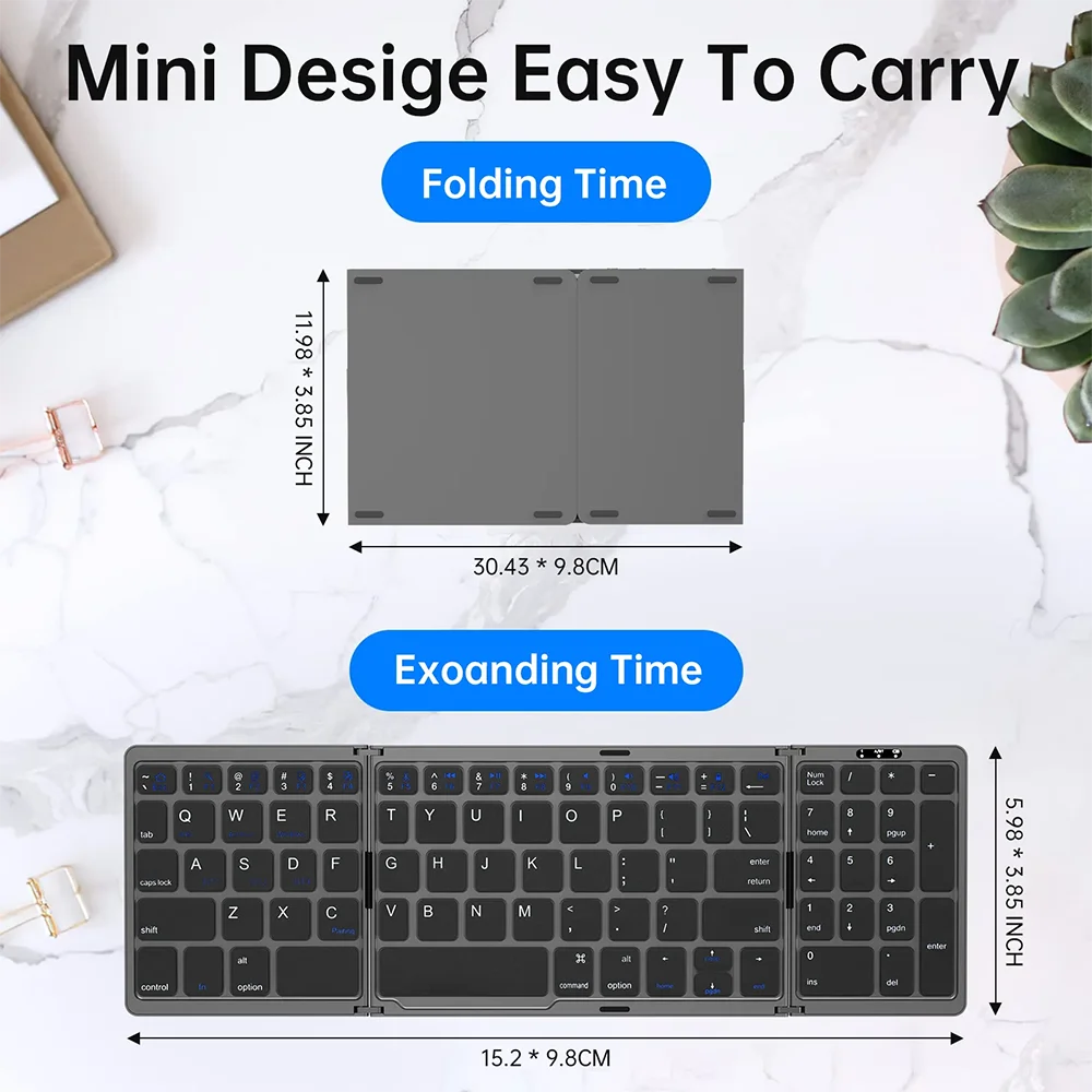 Teclado inalámbrico Bluetooth plegable recargable para iPad, móvil, tableta, portátil y oficina, mini teclado inalámbrico