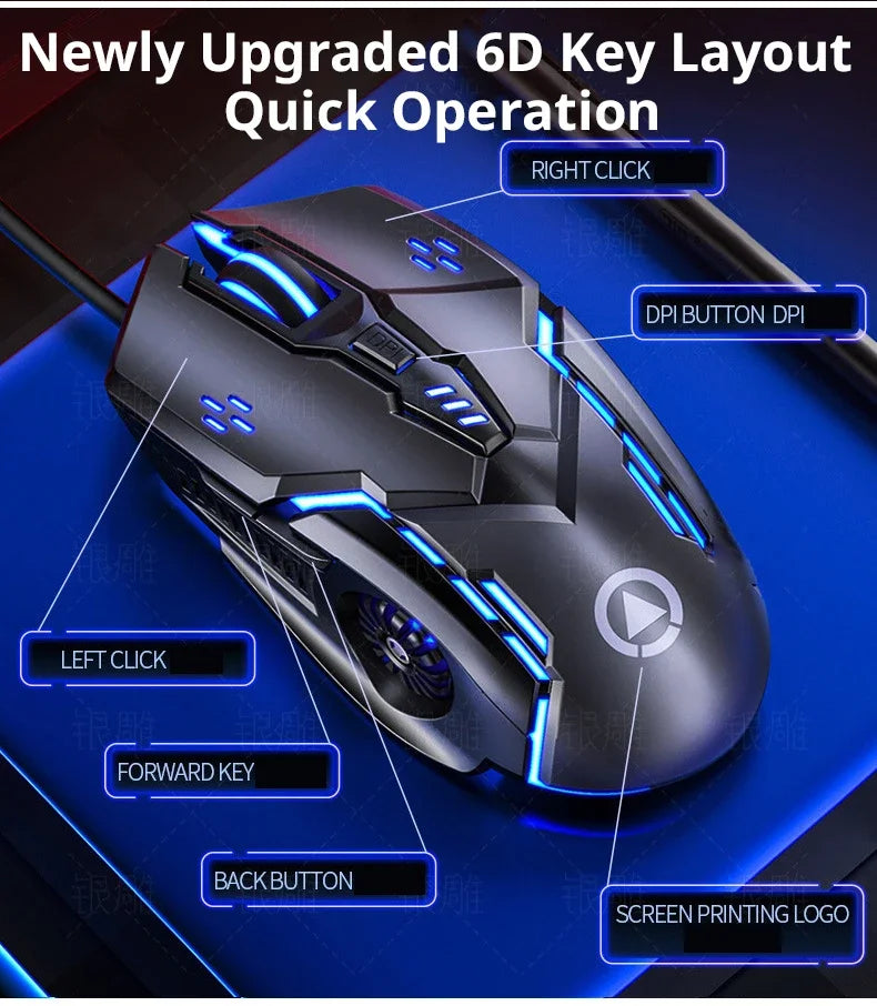 Ratón gaming con cable G5 Mute, seis teclas, iluminación luminosa, para e-sports, accesorio informático, ratón gaming para portátil y ordenador de sobremesa