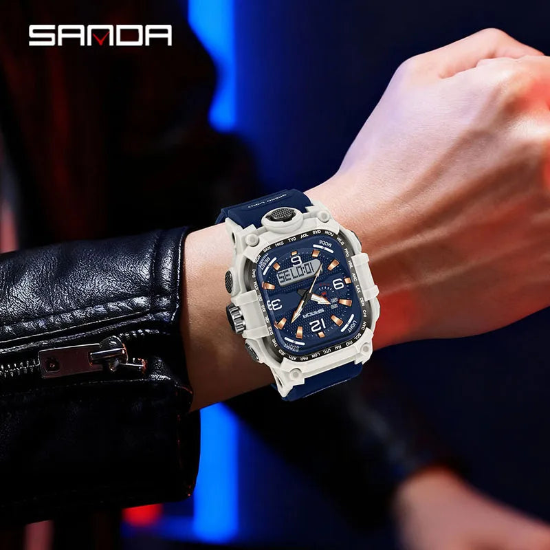 SANDA 6310 Men's Electronic Watch Multifunctional Luminous Alarm Clock Calendar Stopwatch Dual Display Digital Watches for Man