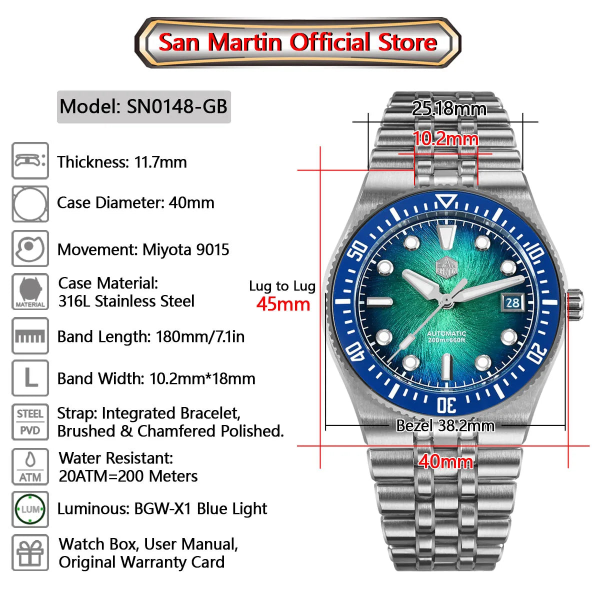 Orologio subacqueo di lusso da uomo San Martin 40mm, Miyota 9015, quadrante smaltato sunburst, automatico meccanico, impermeabile 200m, SN0148