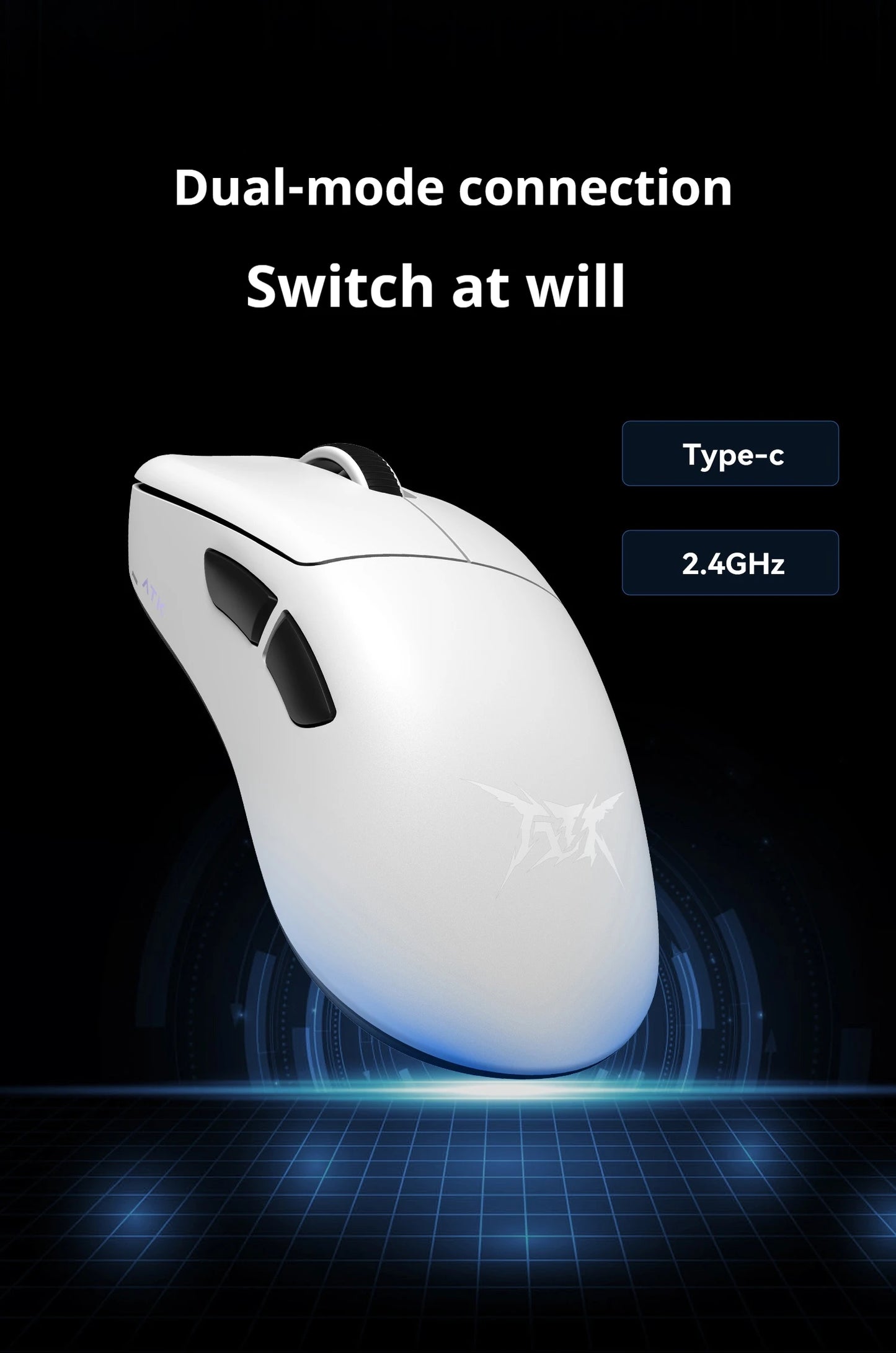 Mouse gaming wireless ATK Z1 Pro Max Ultra con piedini personalizzati, PAW3950, Ultra Smart Speed Wireless, polling rate 8k, latenza ridotta 0.39ms